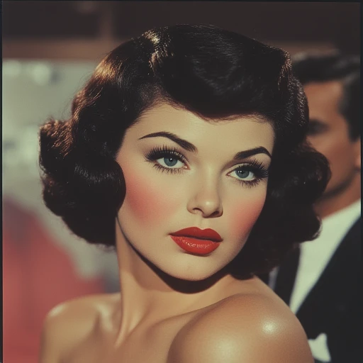 ArsMovieStill, Movie Still From Colored 1950s Super Panavision 70 Movie, The image shows a woman with short hair and red lipstick in the foreground while the background is blurred., 1girl, solo, parted lips, lips, looking at viewer, portrait, black hair, red lips, short hair, brown hair