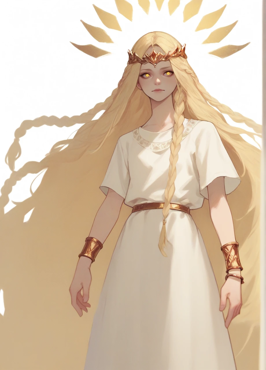 <lora:ER_Miquella-PONY:0.8> solo, white background, ermiquella, blonde, very long hair, crown, yellow eyes, white dress, bracelets, braids, cowboy shot, score_8_up, score_7_up, score_6_up, score_5_up, score_4_up,