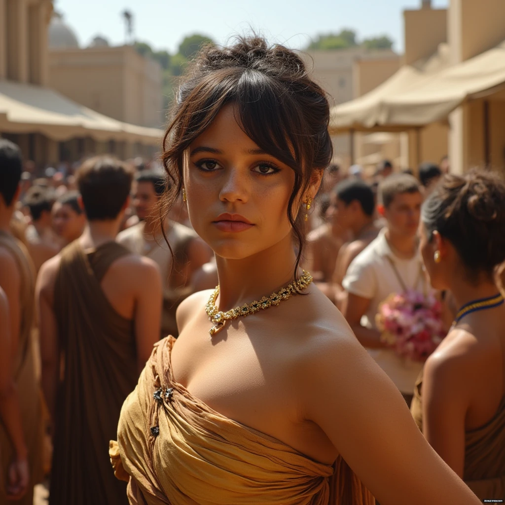 Instagram selfie of a woman during the ancient roman empire standing in the middle of a marketplace in ancient rome with people and merchants all around her. She has a toga on as would be befitting for a madam of the house and has a neutral expression. She has almost no makeup on. Her hair is in an intricate updo and held together by some golden hairpins., <lora:Jenna_Ortega_Large_FLUX_v2_merger_19_40_49_61_03_02_03_02:1>