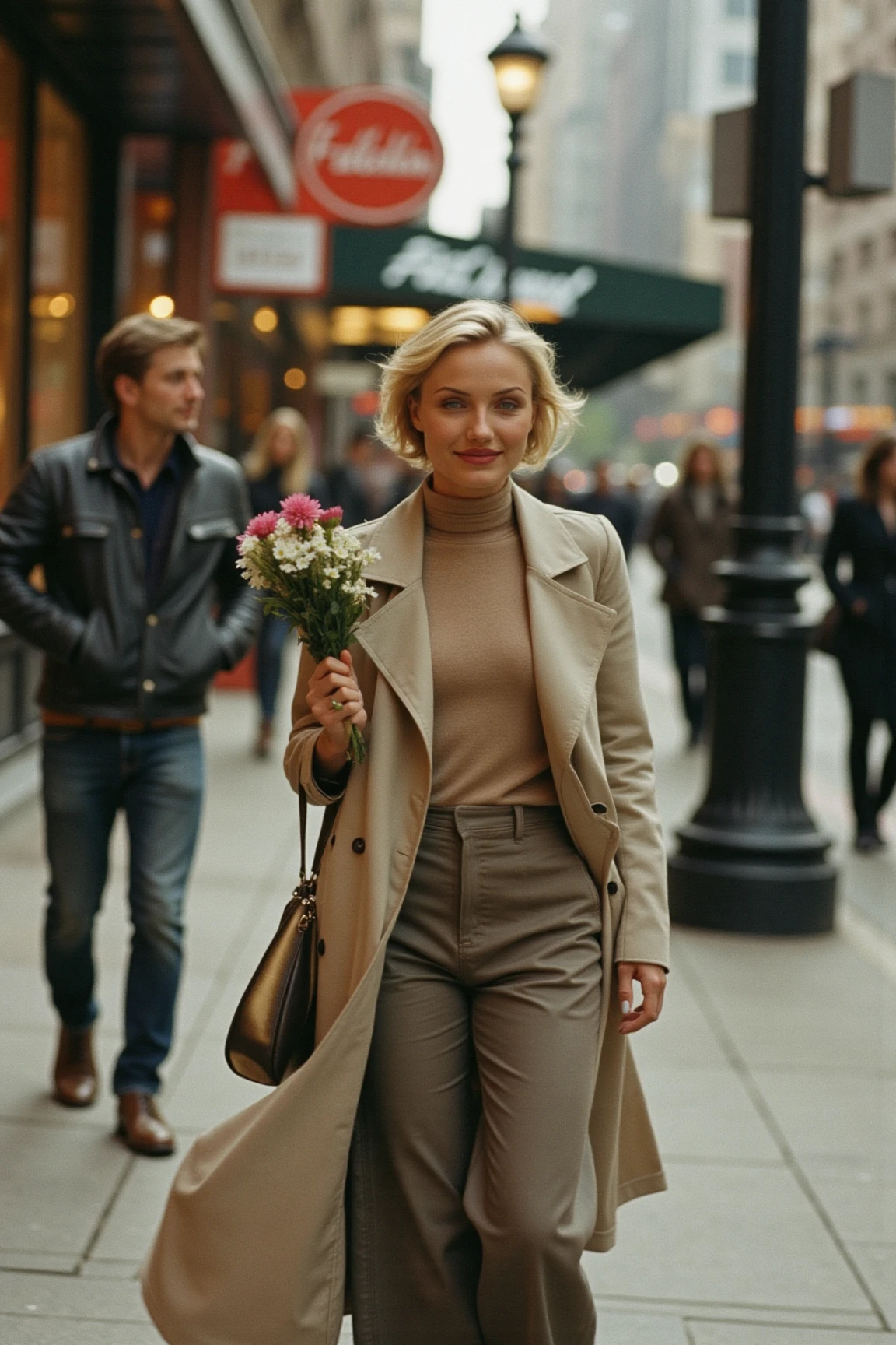 A candid, editorial photo of a blonde woman captured on an analog film camera. She is walking through a bustling city street, holding a bouquet of fresh flowers in one hand and a tote bag in the other. She wears a long trench coat over a casual outfit of a turtleneck sweater and wide-leg trousers, exuding effortless elegance. Her short hair is slightly tousled by the breeze, and she has a relaxed, content smile as she glances off to the side.

The background features blurred details of storefronts, pedestrians, and vintage streetlights, adding to the vibrant urban atmosphere. The natural light casts soft highlights on her face and hair, while the rich tones and subtle grain of the film create a nostalgic, timeless feel. The scene captures an authentic and unposed moment of her in the rhythm of everyday life.