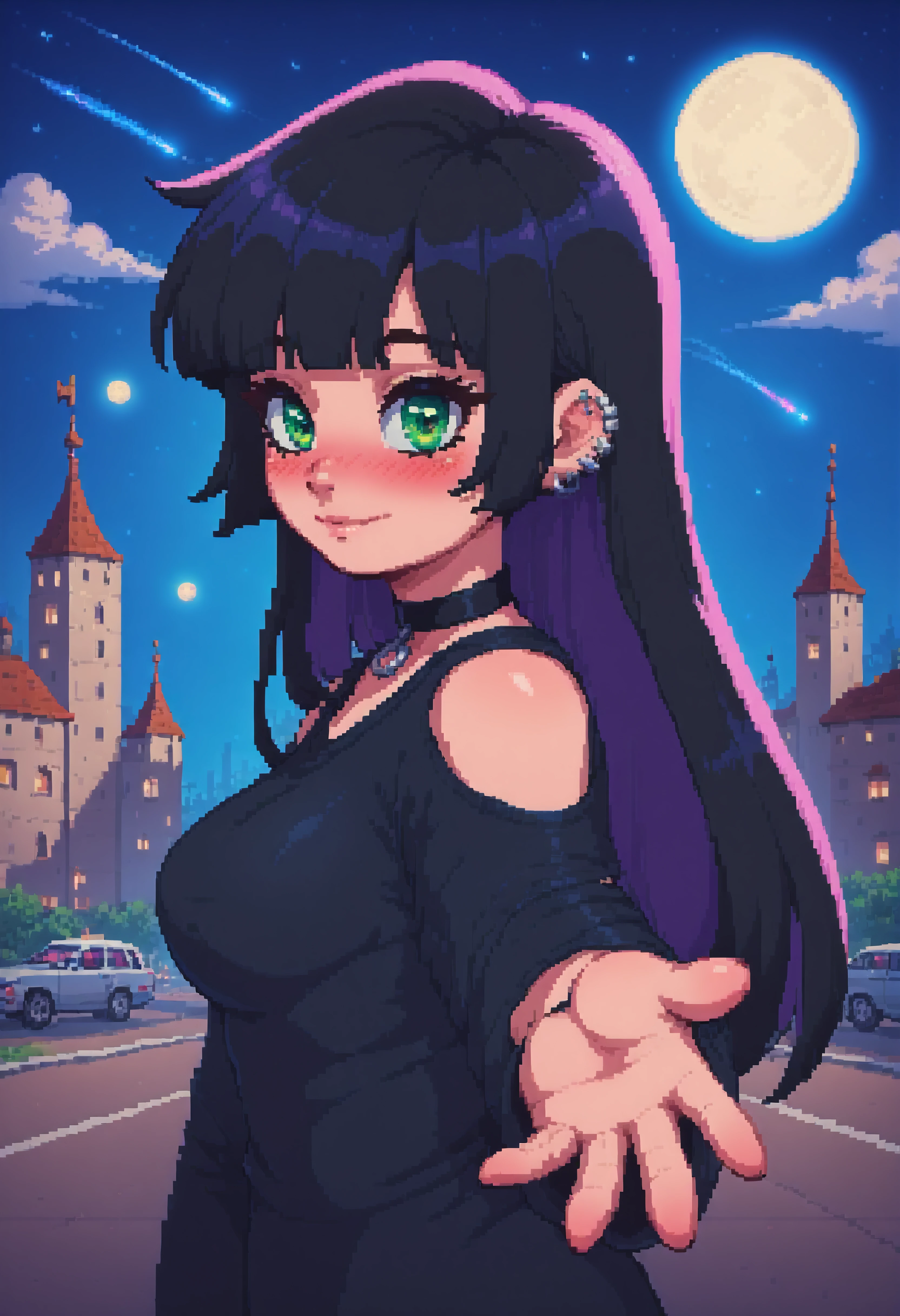 masterpiece, best quality, 1girl, pa-san, green eyes, purple colored inner hair, medium breasts, ear piercing, hime cut, choker, black dress, long dress, shoulder cutout, sleeves, cloud, moon, full moon, Hogwarts, castle hill, night sky, street, shooting star, looking at viewer, blush, light smile, closed mouth, (mature female:0.65), foreshortening, dynamic pose, reaching towards viewer, upper body, from side,