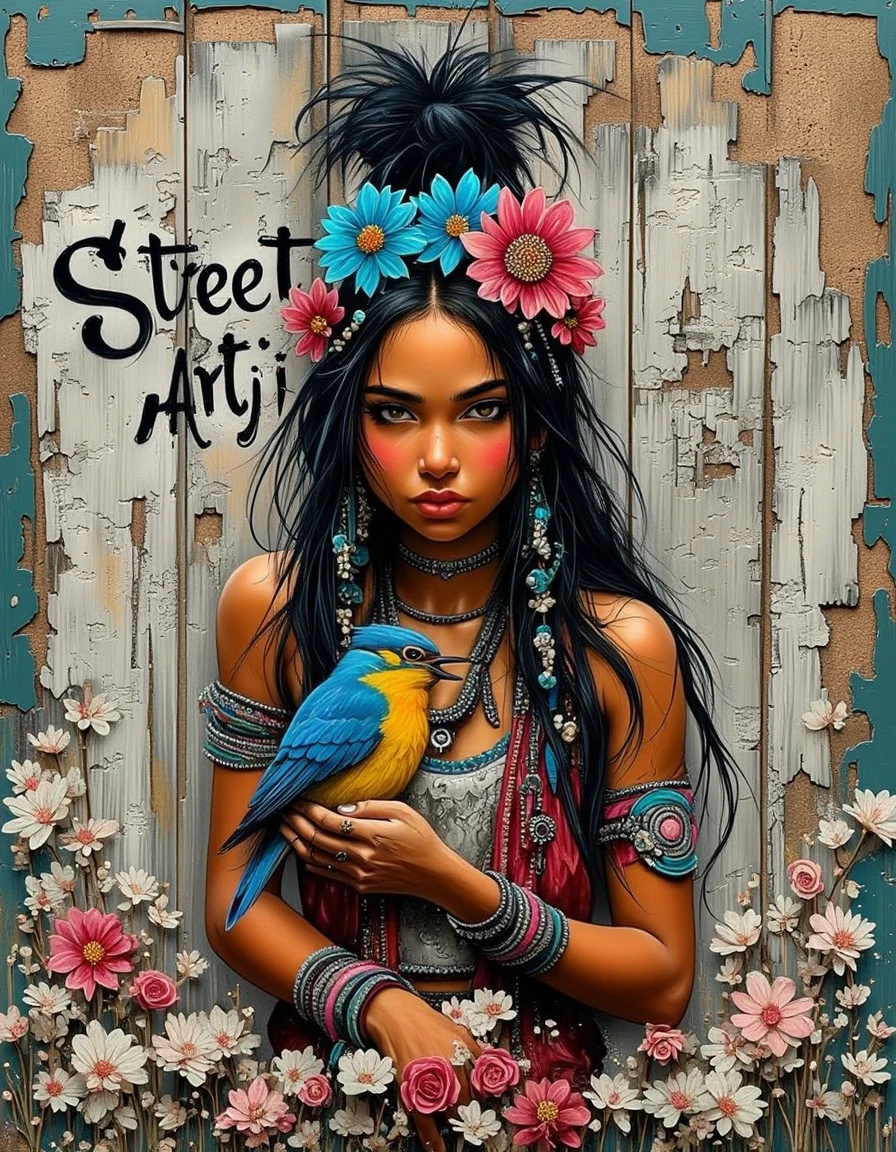 Street-Artji, vibrant 3d "Street Artji" text in graffiti style, with a colorful graffiti portrait of a captivating and vibrant painting of  young Indian woman with long, dark hair. She is adorned with white berries and a bold blue small wildflowers flower. Her delicate, sheer garment features exquisite silver embroidery, contrasting beautifully with her dark attire. The woman tenderly holds a small, striking blue bird with a yellow head and beak, creating a sense of harmony between the two subjects. The rustic wooden backdrop is scattered with white and pink blossoms, adding a touch of nature to the scene. The overall ambiance of the image is ethereal, blending the elements of nature and artistry seamlessly.Street art <lora:Street_Artji_v1:1>