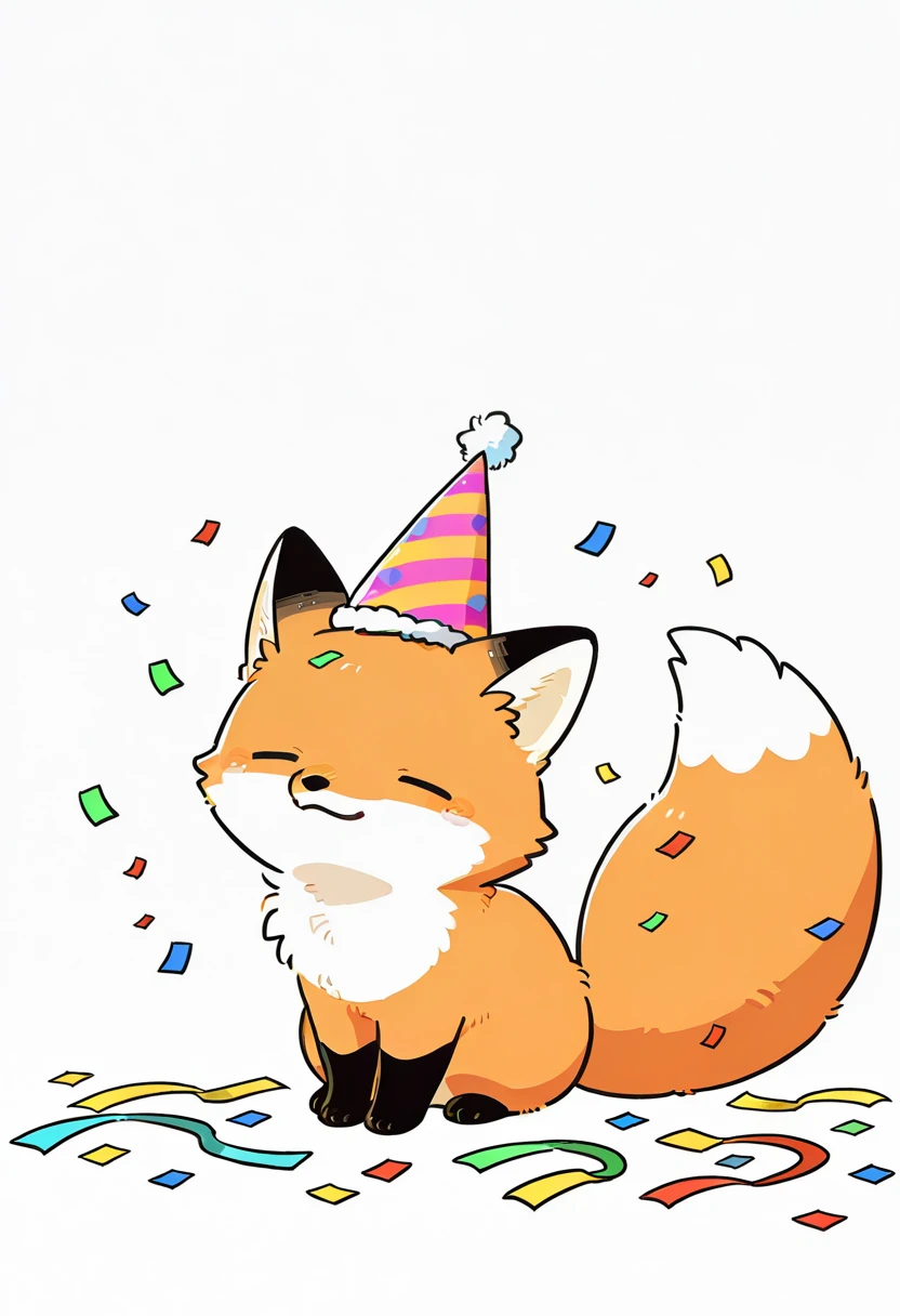 fox,no humans,white background, cute,party hat,confetti,