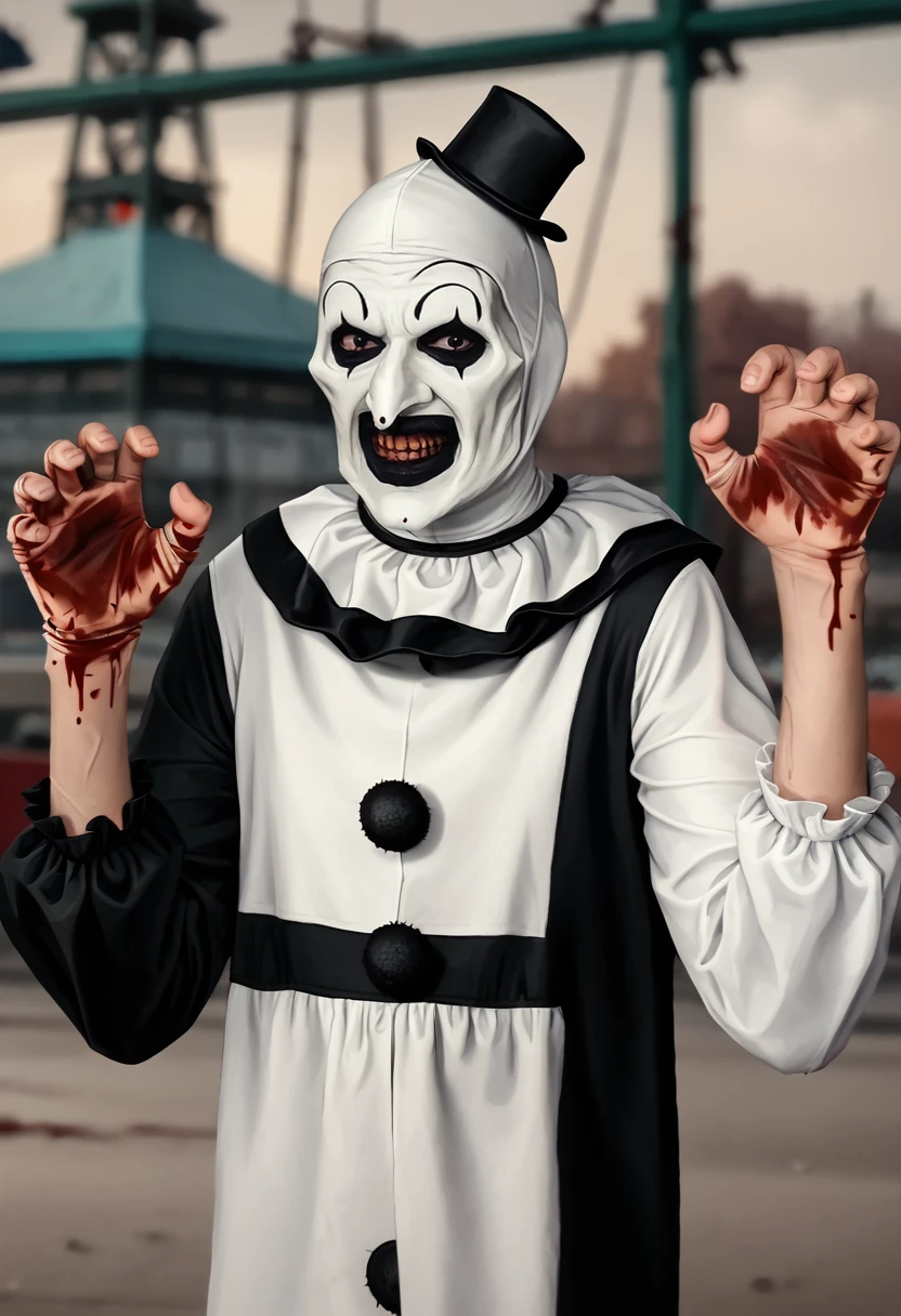 <lora:art-the-clown-pxl:1> arttheclown-pxl, 1boy, jealous, solo, cowboy shot, Radio tower, blurry background, paw pose, fake screenshot, , realistic, blood_on_clothing