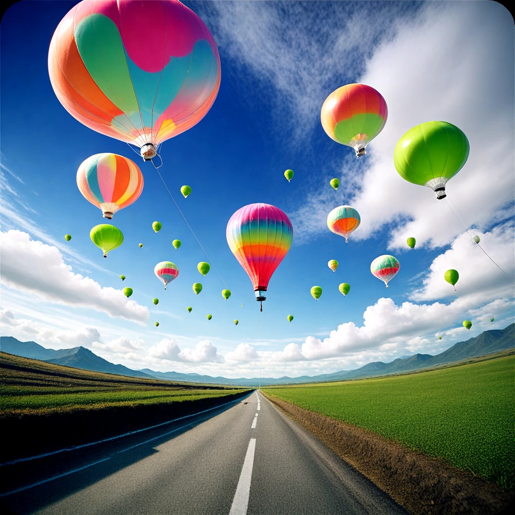 <lora:mechanical_vignetting_IL:0.5>, fisheye lens vignetting, straight concrete road, landscape, clear blue sky, clouds and a vast expanse of green fields below. In the distant background, a small, colorful hot air balloon floats gracefully, autorefractometer, photorealistic, realistic