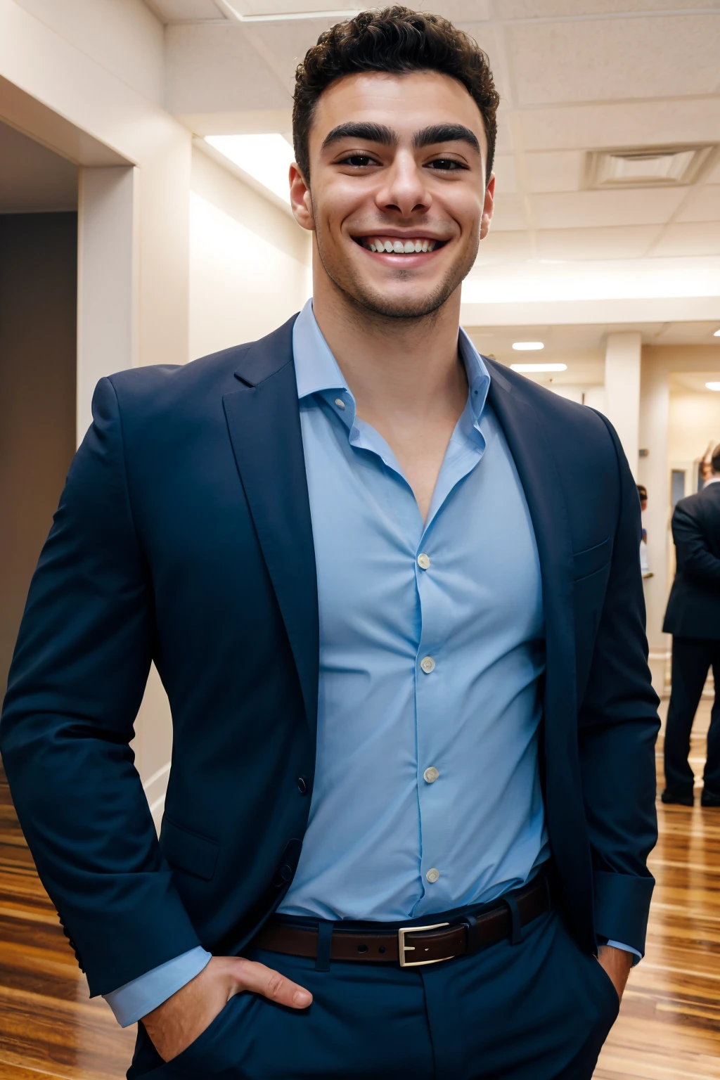 score_9, score_8, score_7, score_6, Luigi Mangione, looking at viewer, smile, brown hair, shirt, black hair, 1boy, jacket, male focus, teeth, collared shirt, belt, pants, indoors, grin, black jacket, formal, suit, blue shirt, realistic, hand on another's shoulder, photo background, thick eyebrows, 
realistic, realism