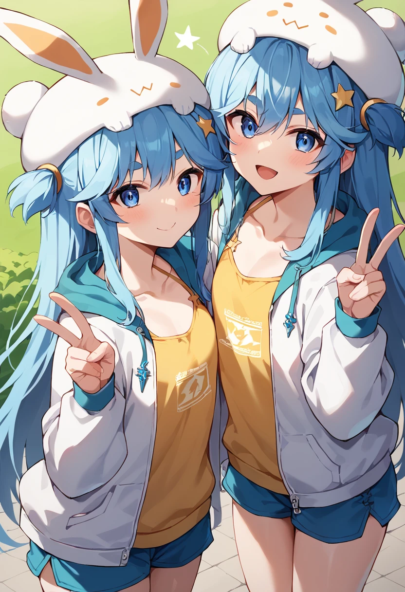 score_9,score_8_up,score_7_up,source_anime,masterpiece,best quality,2girls,multiple_girls,nearnoar_sv,long hair,blue hair,blue eyes,hair ornament,star (symbol),white jacket,long sleeves,hood,collarbone,yellow camisole,blue shorts,short shorts,<lora:nearnoar>,looking_at_viewer,cowboy_shot,smile,park,v,standing,double_v,