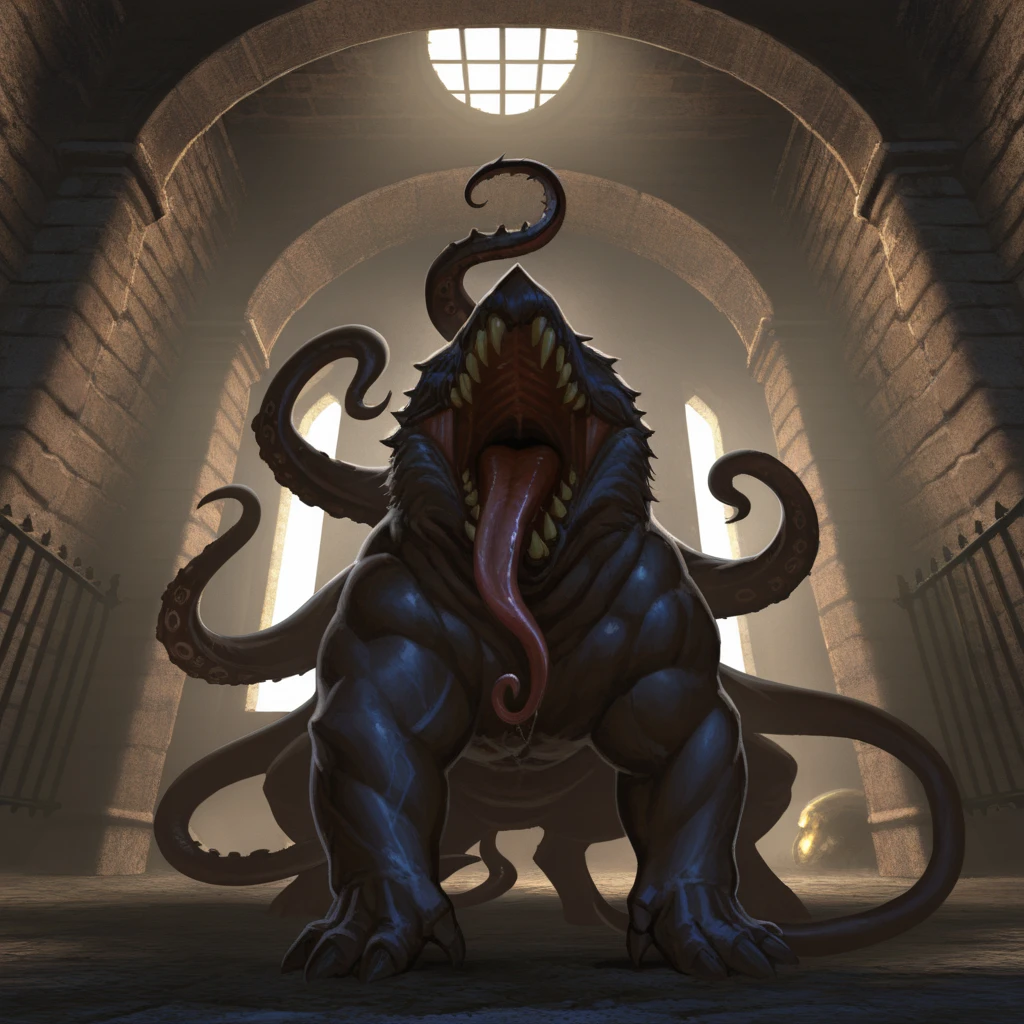 best quality, masterpiece, cinematic, dark fantasy style, (Boris Vallejo), side view of an Otyugh , three legs, three tentacles with eyes on the tips of the middle tentacle, very long tongue out , round body, chubby, mouth with sharp fangs, Otyugh in a medieval dungeon, flickering torchlight casting long shadows on damp stone walls, rugged body and sharp tentacles illuminated, overhead perspective through iron bars, dramatic composition, ultra-detailed textures, dark and gritty mood, otyx,high resolution,volumetric lighting,amazing quality