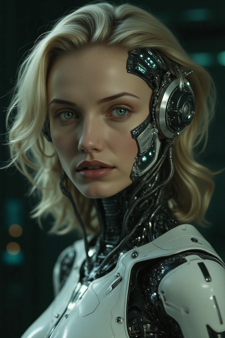 A highly detailed, realistic portrait of a cybernetic woman. Her face is a seamless blend of human beauty and advanced technology, with metallic plates and glowing, intricate circuits integrated into her skin. Her eyes are striking that conveys intelligence and mystery. Delicate wires and biomechanical elements weave through her blonde hair, styled sleekly to enhance her futuristic appearance. Her expression is confident and serene, emphasizing her humanity despite her cybernetic enhancements. The background is minimal and dark, with subtle futuristic light patterns, drawing full attention to the intricate details of her face and design. The overall image is hyper-realistic, with fine textures, soft lighting, and a cinematic atmosphere.