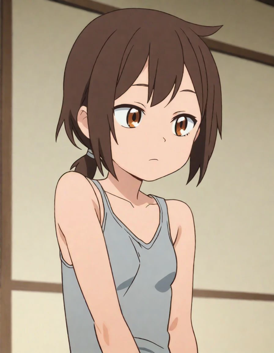 1girl , brown hair ,tank top , (light smile:0.1) , small breasts ,short hair,ponytail
, scrore_9, score_8_up, score_7_up, screencap
<lora:quartet2:1>