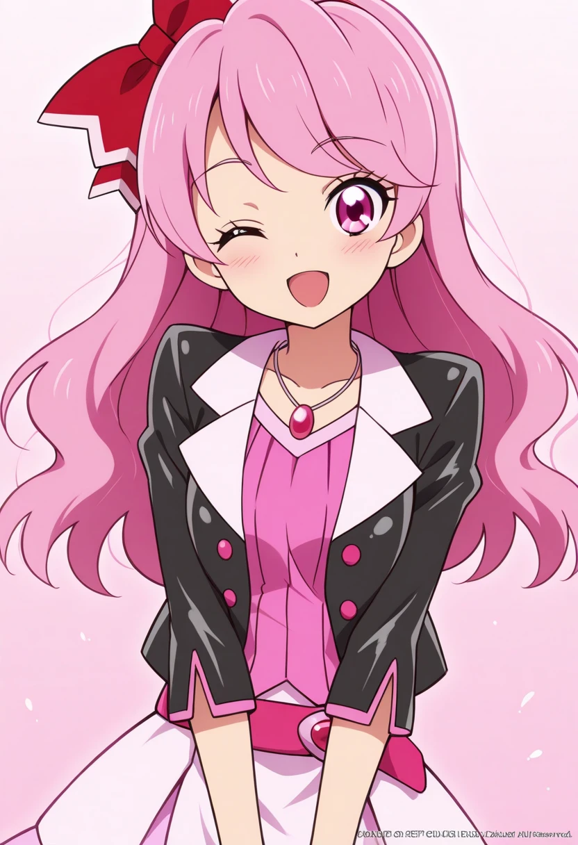 Masterpiece, great quality, humangarnet, jewelpet \(series\), 1girl, one eye closed, pink hair, solo, smile, open mouth, long hair, pink eyes, ;d, bow, from right, watermark, ribbon hair, pink shirt, jacket, black jacket