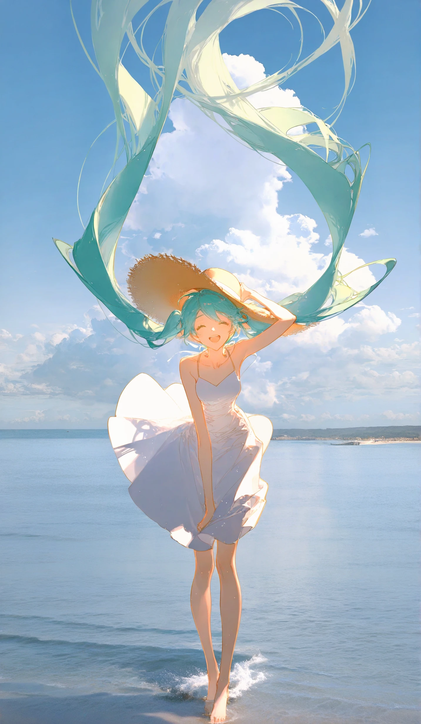 (photo background),redum,rella,(rumoon:.8),(ask_\(askzy\):0.7 ),[ dino \(dinoartforame\)::10],hatsune miku,(blown straw hat),(adjusting headwear),solo,1girl,(white sundress),seaside, happy,open mouth,  barefoot, standing on water,  floating long hair, full body, cumulonimbus cloud,leaning forward,HU1,facing viewer ,[night:day:3] <lora:Hair_floating_up-000013:.7>