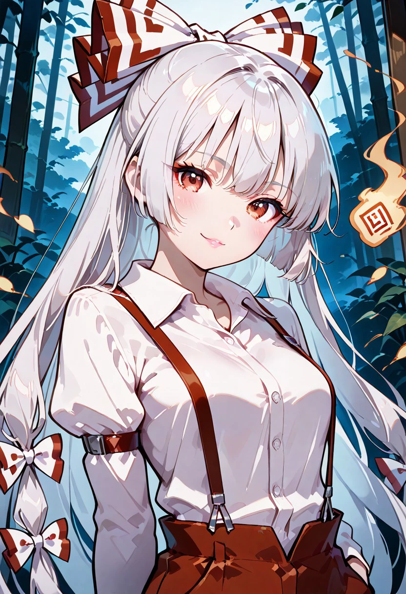 masterpiece, best quality, high resolution,very aesthetic,32K, highres, absurdres, beautiful,newest,scenery, volumetric lighting,
zzMokou, red eyes, hair between eyes, grey hair, hair bow, hair ribbon, long hair, very long hair, white hair, bow, suspenders, white shirt, shirt, long sleeves, pants, white bow, red pants, collared shirt
side view, head tilt, blush, smile, looking at viewer, abstract background, white outline, (upper body),
,beautiful face, clear skin, stunning girl, detailed face,beautiful eyes, detailed eyes, white sclera,looking at viewer, eyes-crossed, beautiful lips, puffy lips, puffy,blushing, happy horny, in heat, seductive eyes, skindentation,