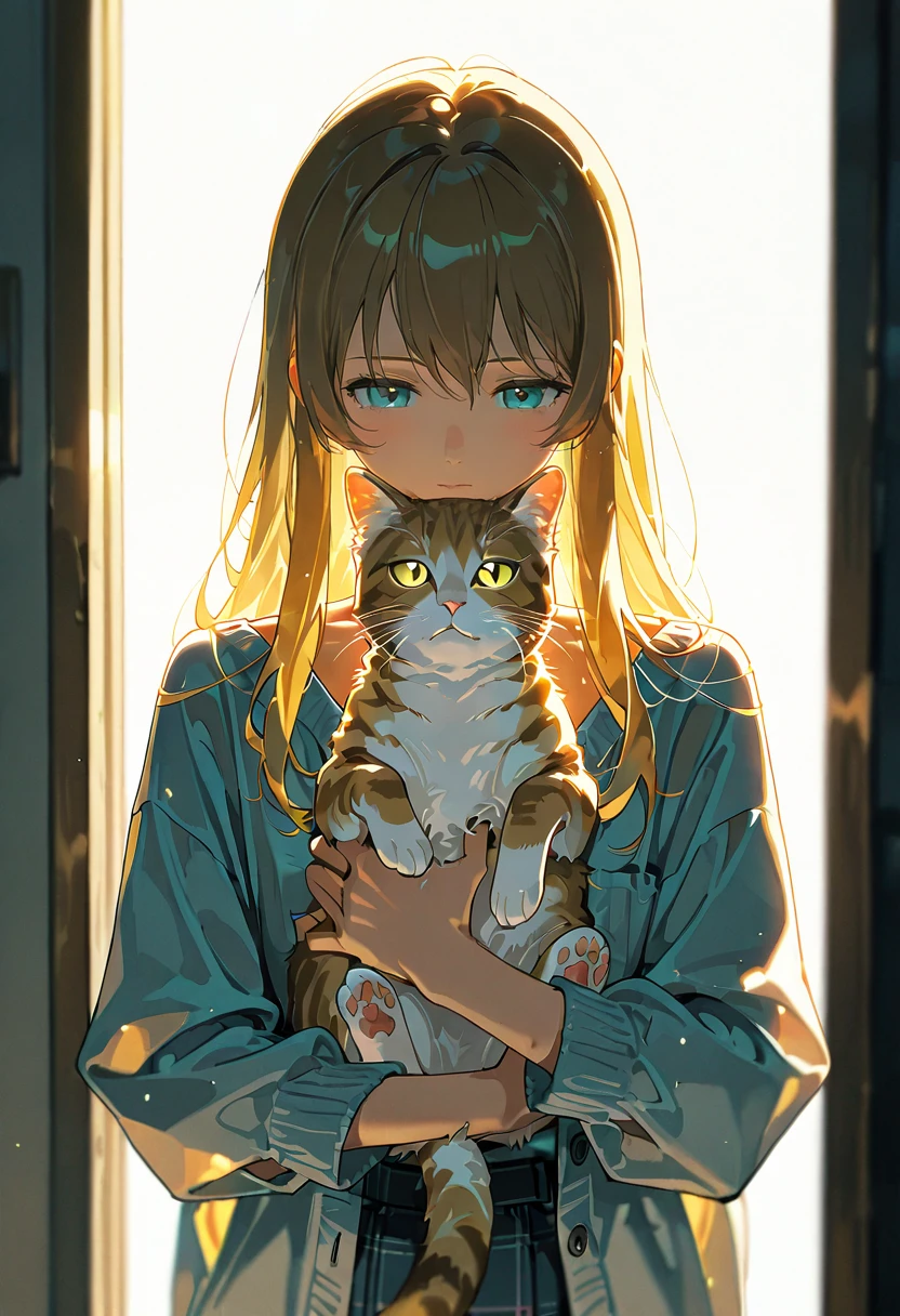 backlit,backlighting,1girl,long hair,solo,holding cat,