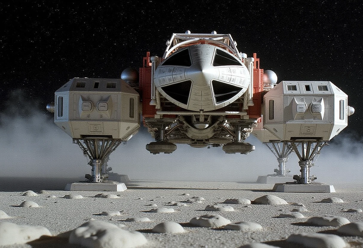 eagle1999 a spaceship, landing on a lunar surface. The scene features a gray lunar surface with scattered rocks and craters. The image is taken from a low angle to emphasize the spaceship in the foreground, with a clear blue-black space background filled with stars. There is ample copy space in the upper section of the image.