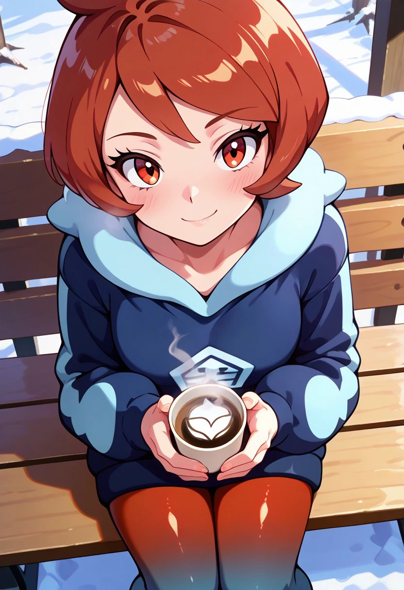 masterpiece, best quality,
 zzArezu, solo, 1girl,  red hair, cowlick, red eyes, blue hoodie, hood, red pantyhose, gradient legwear,
 smile, looking at viewer, shiny skin, blush, 
sitting on bench, snow, from above, steam, coffee,