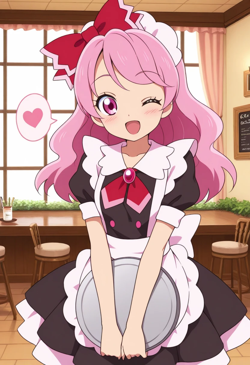 Masterpiece, great quality, humangarnet, jewelpet \(series\), 1girl, pink hair, solo, smile, open mouth, pink eyes, long hair, bow, hair ribbon, cafe, tray, maid outfit, maid headdress, wink, one eye closed, spoken heart, 