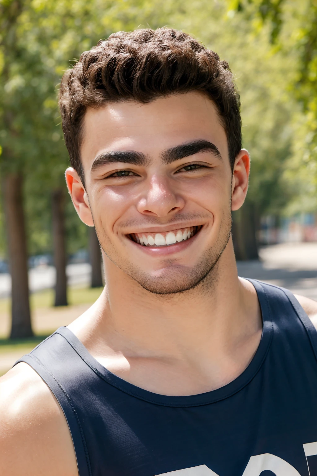 Luigi Mangione, solo, looking at viewer, smile, black hair, 1boy, upper body, male focus, outdoors, teeth, day, grin, blurry, blurry background, facial hair, sunglasses, tank top, eyewear on head, realistic, thick eyebrows, muscular
realistic, realism