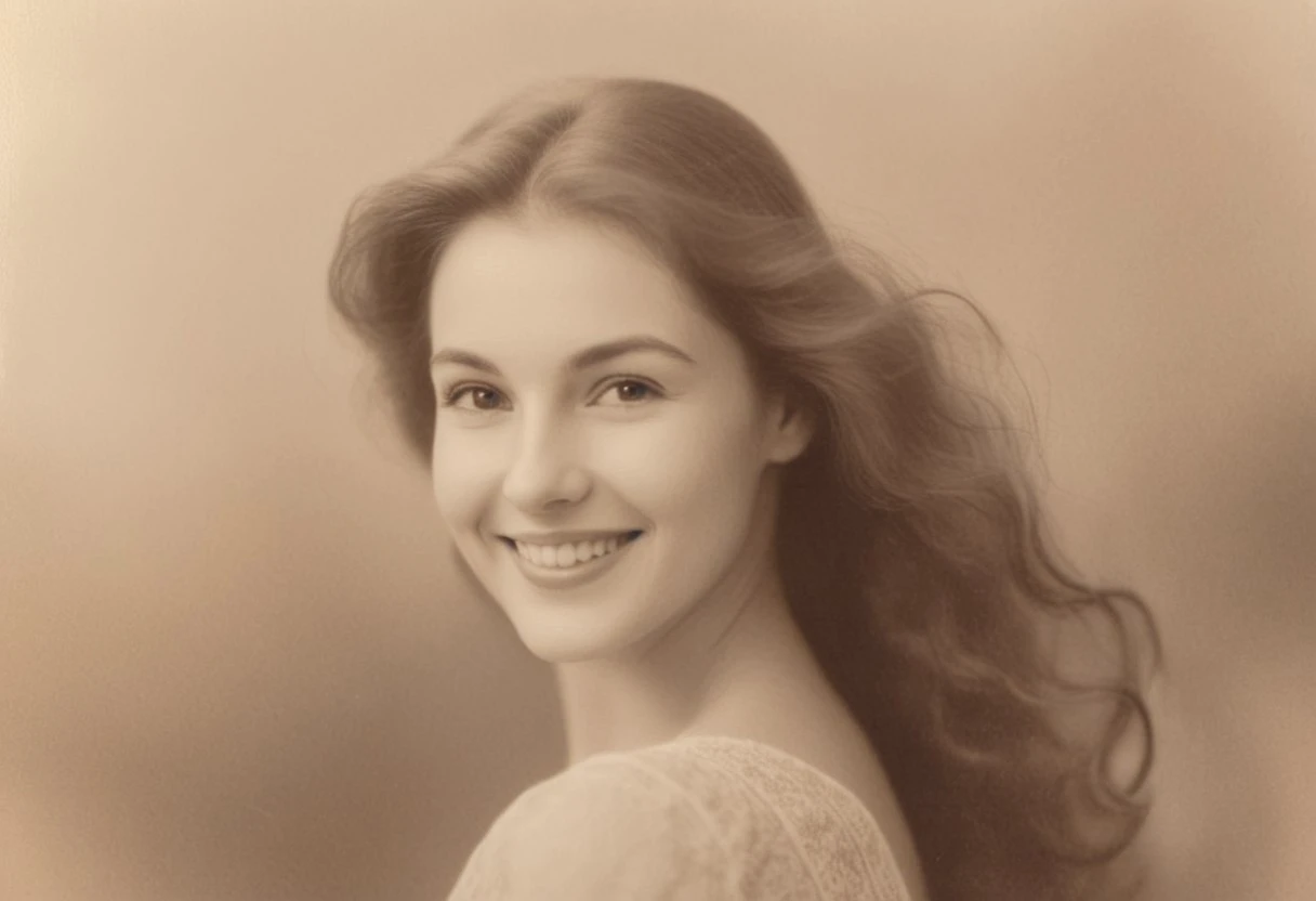 Create a soft, sepia-toned portrait of an elegant woman with flowing hair and a gentle smile. The composition is inspired by vintage photography, featuring subtle, dreamy transitions and a warm, nostalgic atmosphere. The background is blurred, enhancing the ethereal aesthetic of the image.