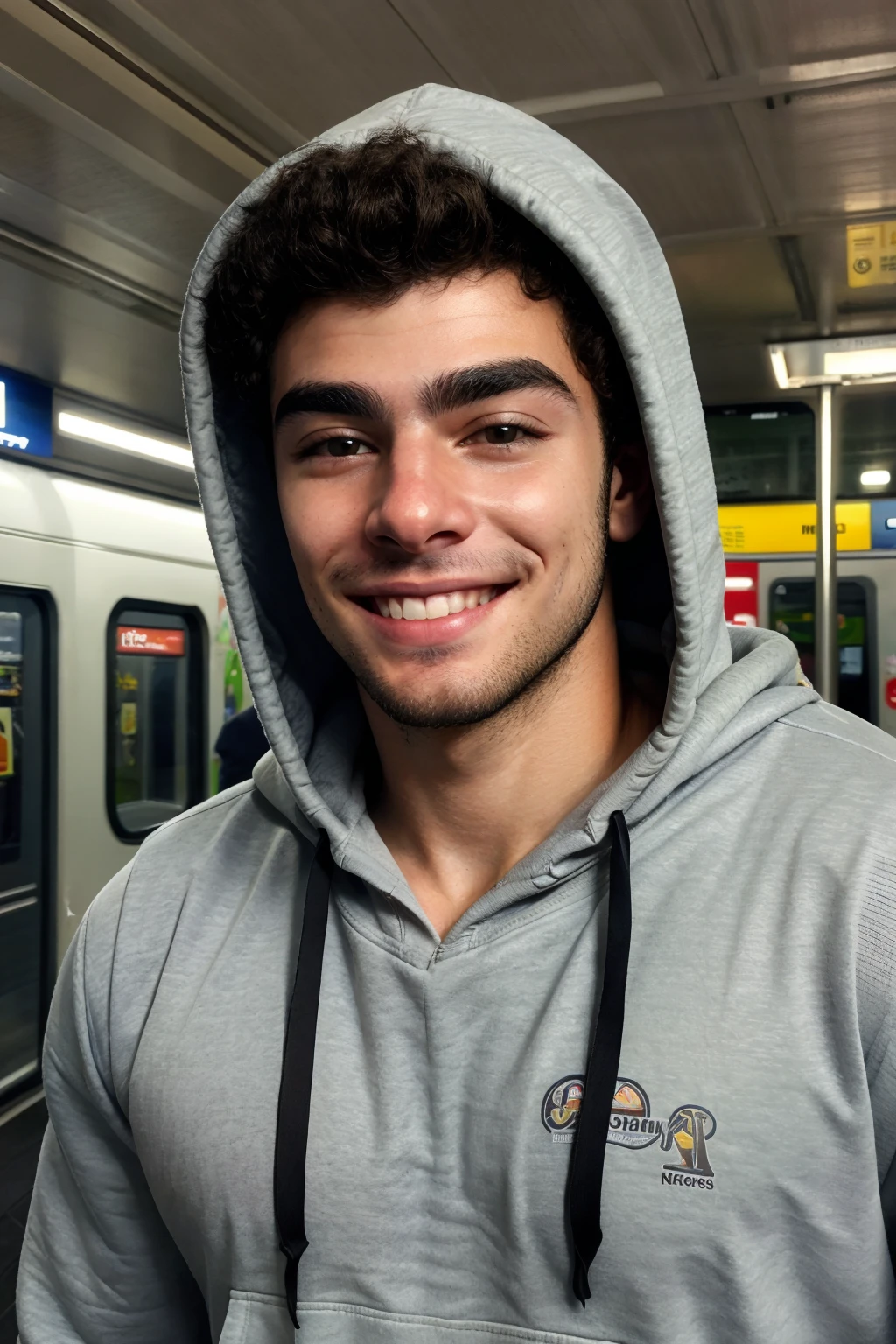 1boy, solo, Luigi Mangione, young man, muscular, stubble, looking at you, hooded, hood on head,  green-gray hoodie, smile, metro station, curly hair, black hair, thick eyebrows, realistic, photorealistic