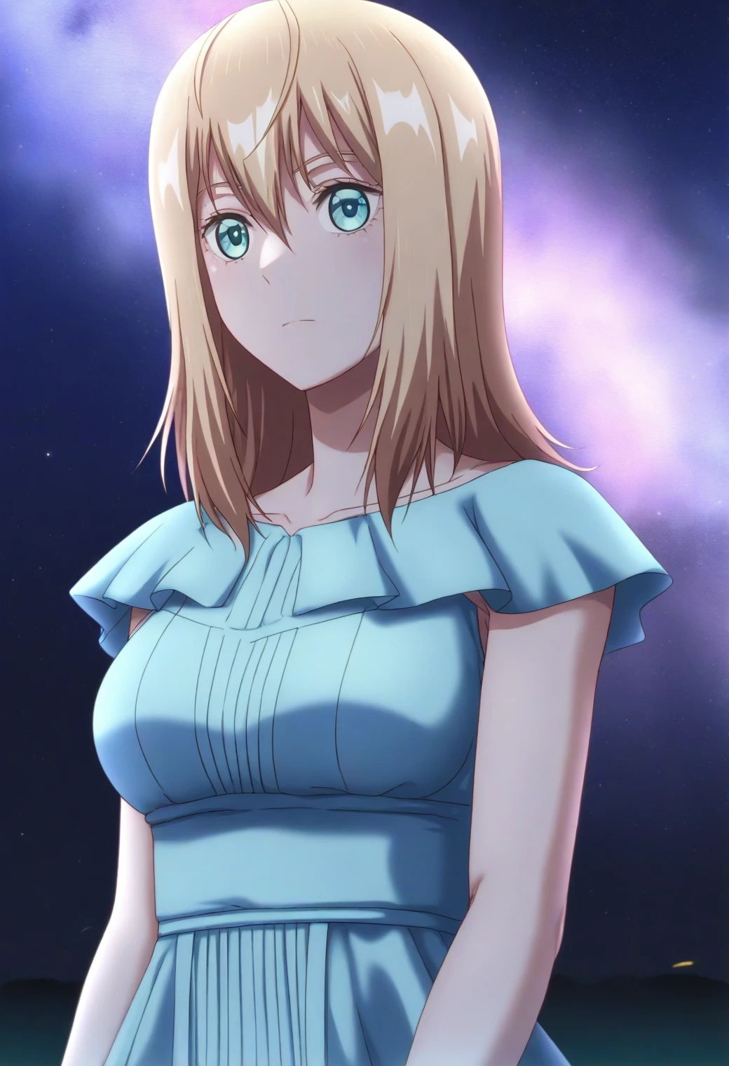 <lora:Olivia - [Otome Game Sekai wa Mob ni Kibishii Sekai desu] - illustriousXL v1:1>, sysdeep_olivia, blonde hair, medium hair, turquoise eyes, solo flowing gown, night sky, starlit field, gentle breeze, mystical aura, style parody