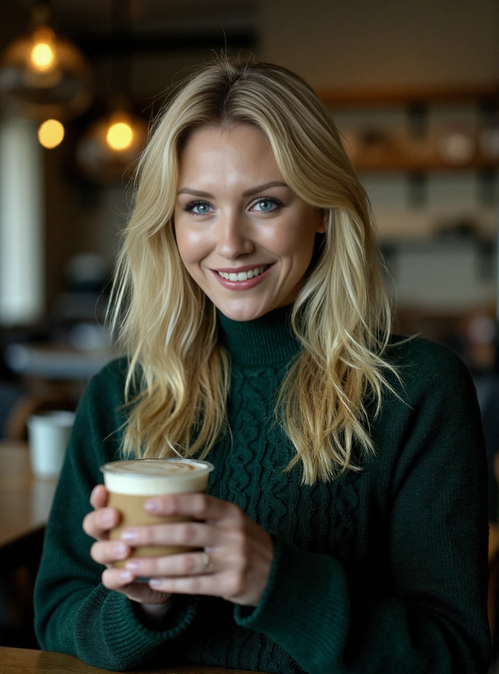 A professional photograph of a 22yo woman Nicky_Whelan wearing a dark green cableknit sweater in a cafe, holding a latte. Blonde hair, light make-up, detailed skin, bokeh, female focus, (SFW), smile <lora:Nicky_Whelan:1>