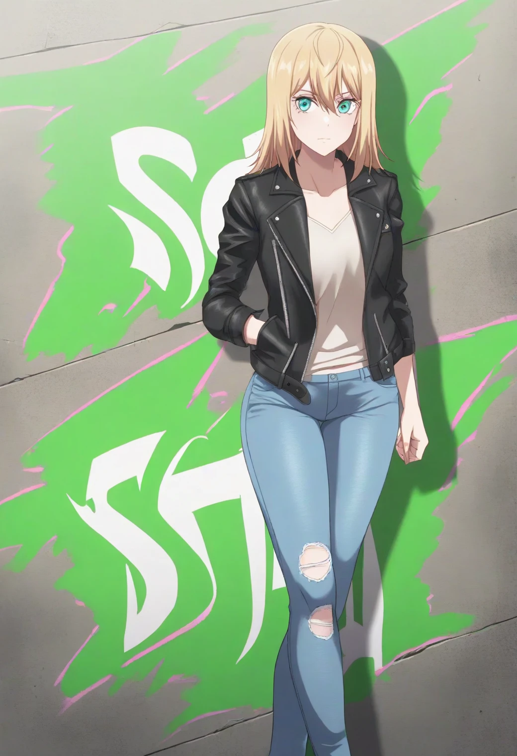 <lora:Olivia - [Otome Game Sekai wa Mob ni Kibishii Sekai desu] - illustriousXL v1:1>, sysdeep_olivia, blonde hair, medium hair, turquoise eyes, solo Graffiti-covered wall, leather jacket, ripped jeans, bold attitude, style parody