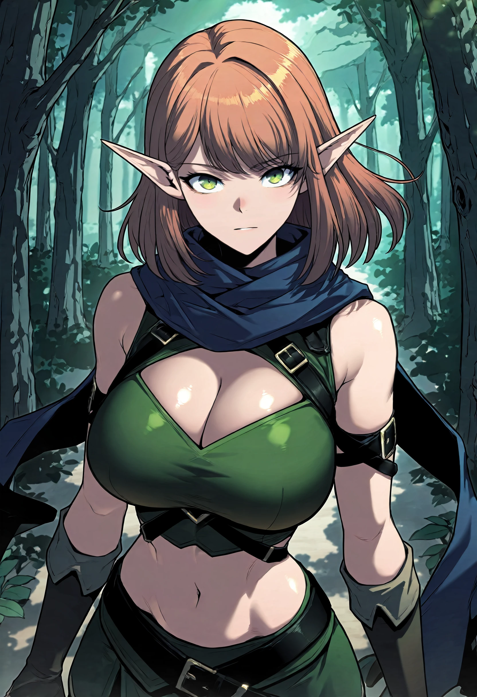 masterpiece, best quality, amazing quality, very aesthetic, absurdres, newest, scenery, 1girl, solo, huge breasts,<lora:Sylvia illustxl:1> pointy ears, elf, green eyes, brown hair, medium hair, orange hair, blue scarf, green shirt, cleavage, sleeveless, elbow gloves, fingerless gloves, brown gloves, clothing cutout, crop top, midriff, navel, miniskirt, green skirt, black pantyhose, upper body, standing, forest, outside, looking at viewer, shiny skin, masterpiece, best quality, amazing quality, very aesthetic, absurdres, newest, scenery