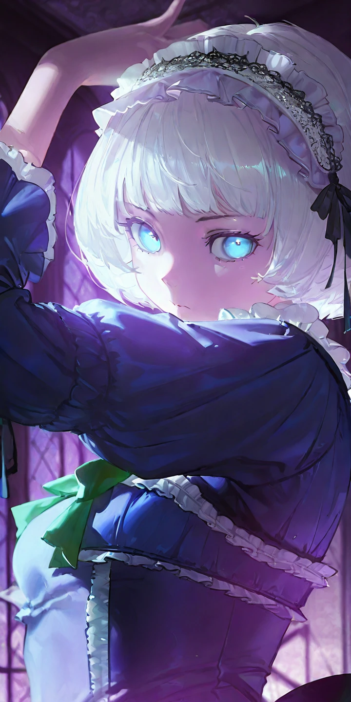 close-up, upper body,
1girl, solo, short hair, white hair, gothic fashion, frills, blue dress, white hairband, green bow, blue eyes, looking at viewer, standing, arm up, indoors, glowing eyes, digital painting, fantasy, detailed background, night, purple theme
dot nose  <lora:digital_paint:1>