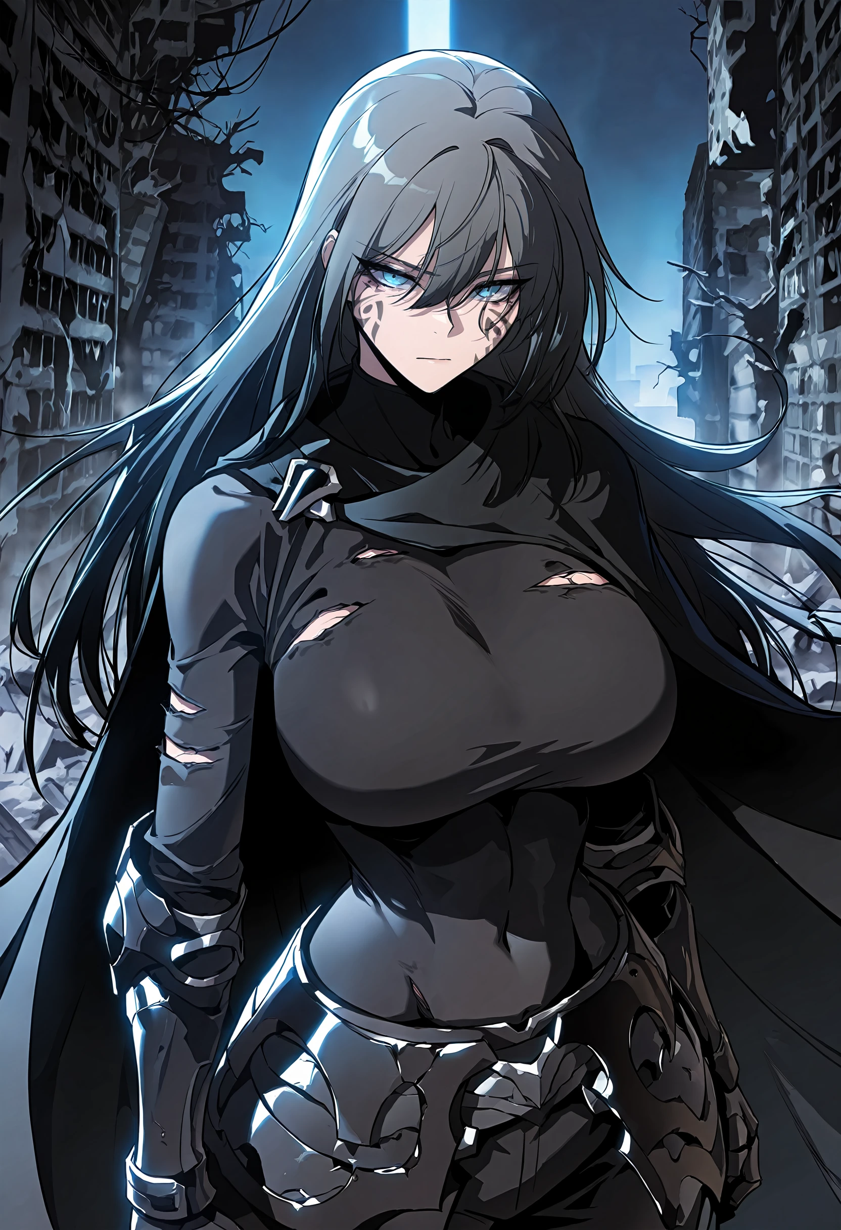 masterpiece, best quality, amazing quality, very aesthetic, absurdres, newest, scenery, 1girl, solo, huge breasts, <lora:Dark Teresa du Laurentia illustxl:0.9> facial tattoo, facial mark, blue eyes, long hair, grey hair, black hair, hair between eyes, black cape, black armor, torn clothes, turtleneck shirt, black shirt, black gauntlets, covered navel, black pants, standing, upper body, ruins, dark, night, outside, looking at viewer, shiny skin, masterpiece, best quality, amazing quality, very aesthetic, absurdres, newest, scenery