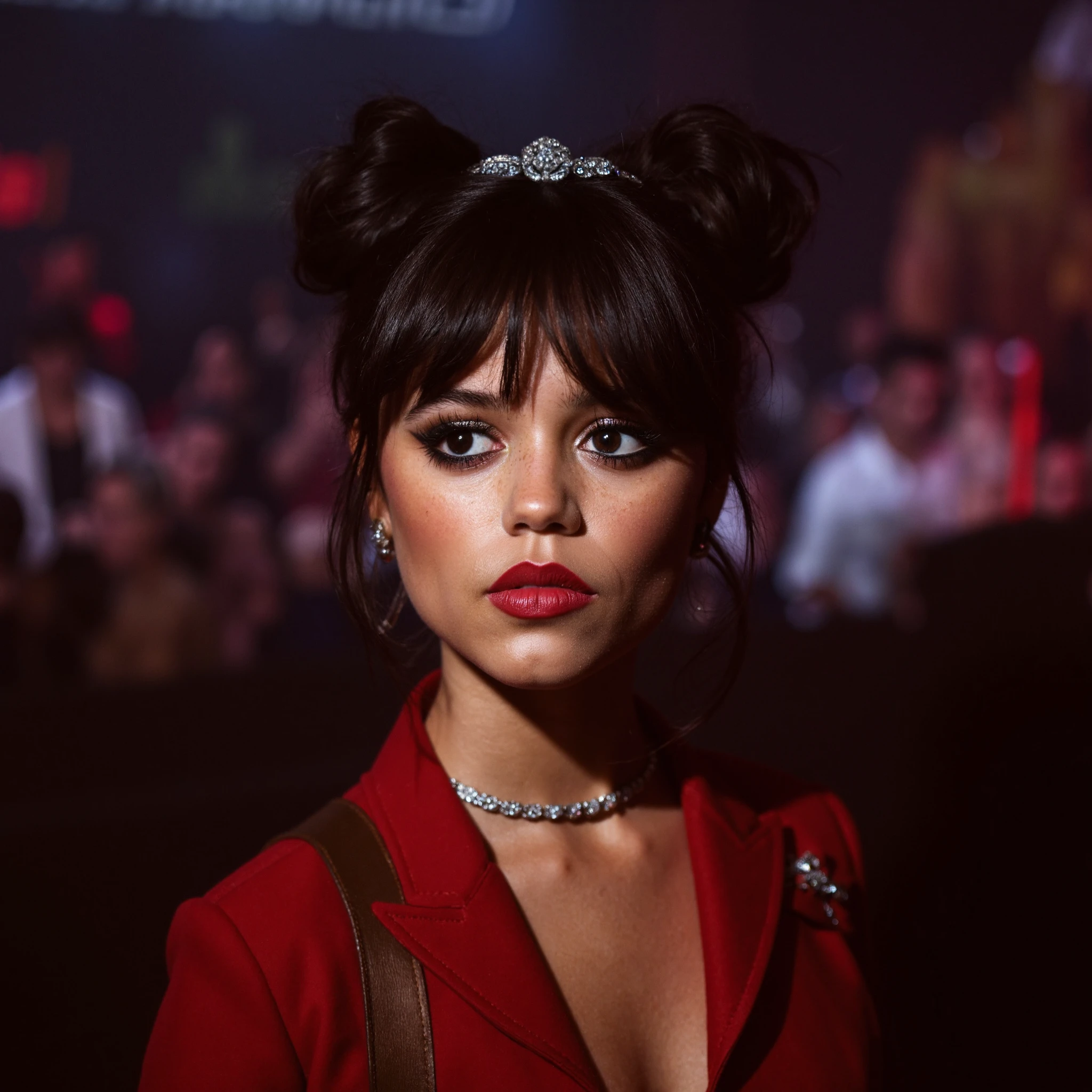 High res waist up portrait photo of a woman with her hair in two buns and makeup featuring winged eye-liner and eye-shadow. She is looking straight at the viewer with her mouth closed. She is wearing a thin string-like black choker and hoop earrings. In the background is a nightclub scene out of focus.