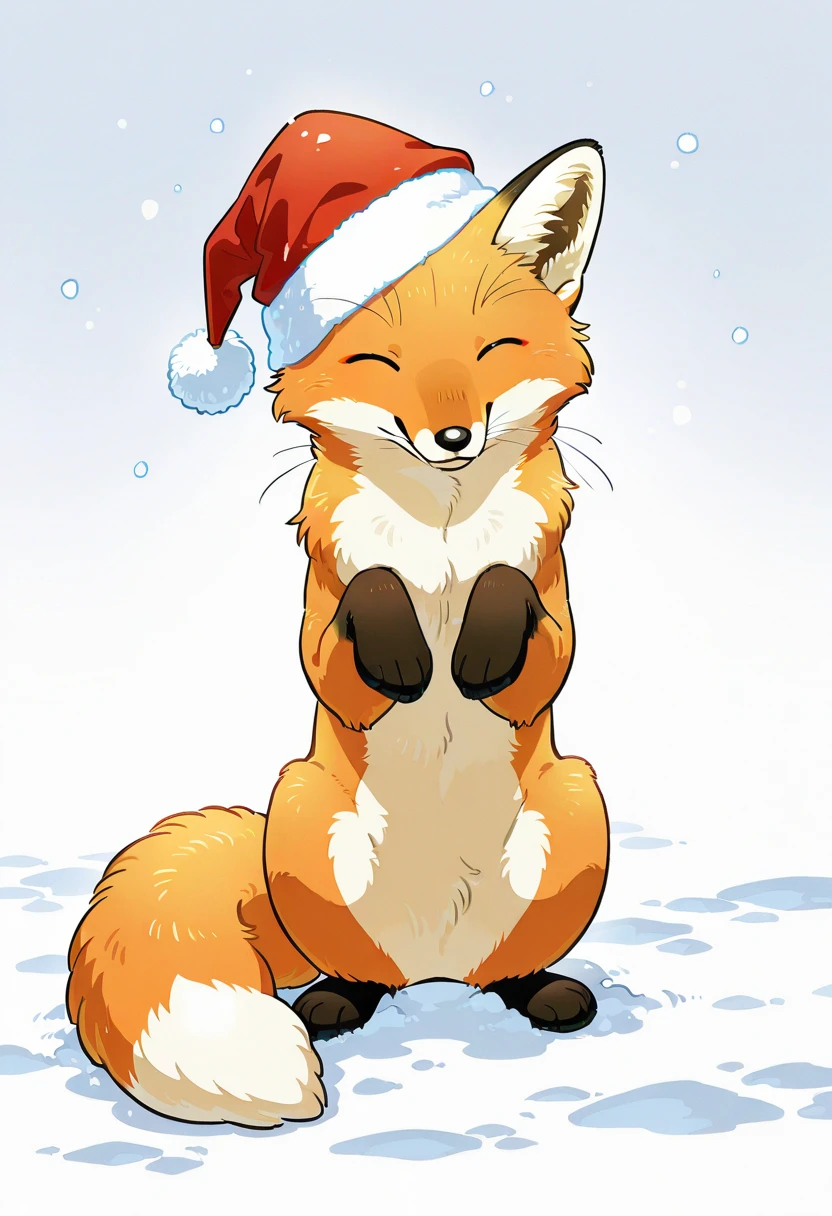 fox,no humans, snow,santa hat, cute,