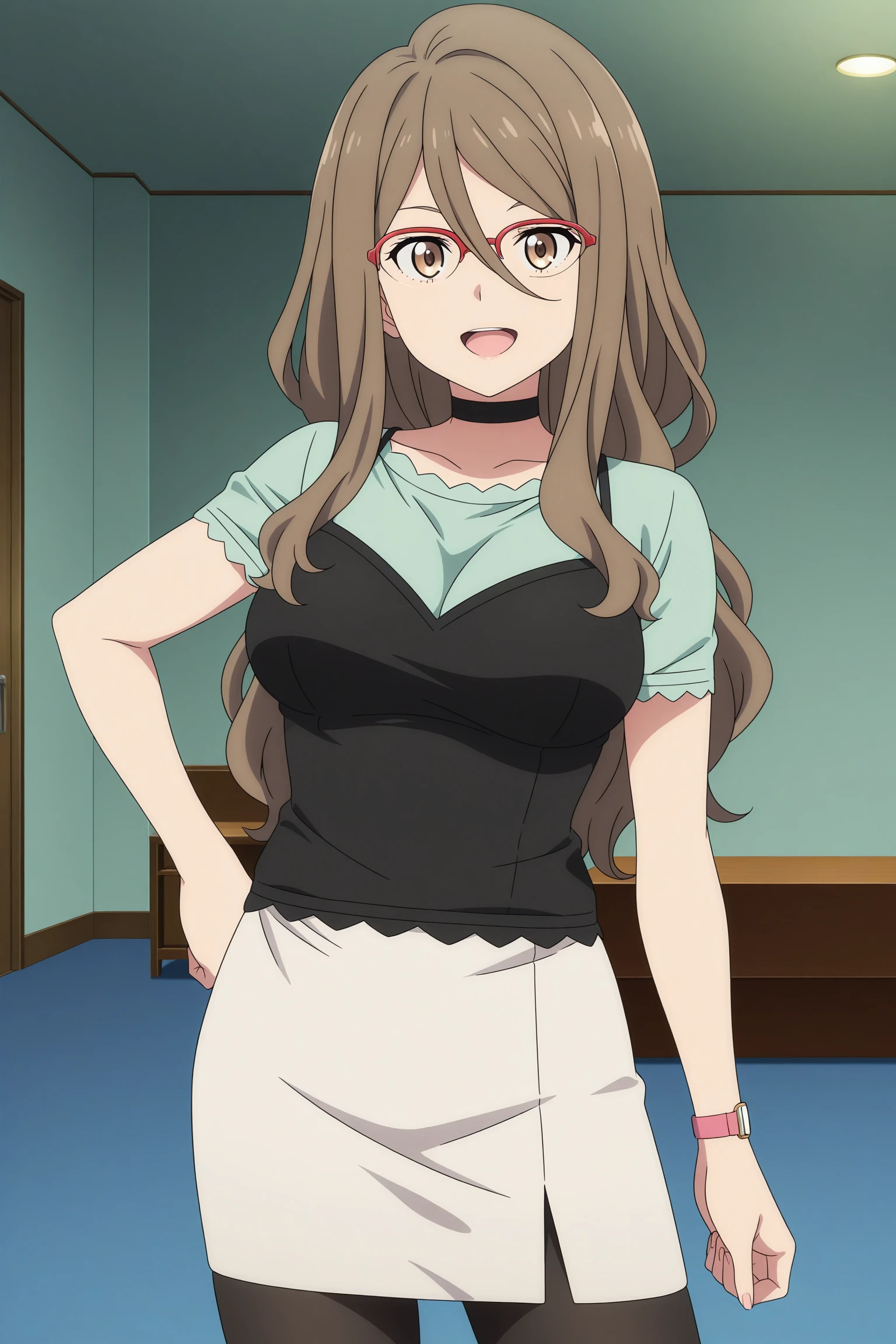 masterpiece, best quality, amazing quality, highres, absurdres, very aesthetic, high resolution, ultra detailed, perfect details, 1girl, solo, indoors, living room, medium breasts,nakahara mizuki, brown hair, long hair, hair between eyes, sidelocks, red-framed eyewear, over-rim eyewear, brown eyes, choker, green shirt, short sleeves, black camisole, wristwatch, grey skirt, pencil skirt, black pantyhose, black footwear, high heels, <lora:Mizuki_Nakahara_ILXL:0.8>, looking at viewer, (cowboy shot:1.6), smile, (pose:1.5), anime screencap, anime coloring, open mouth