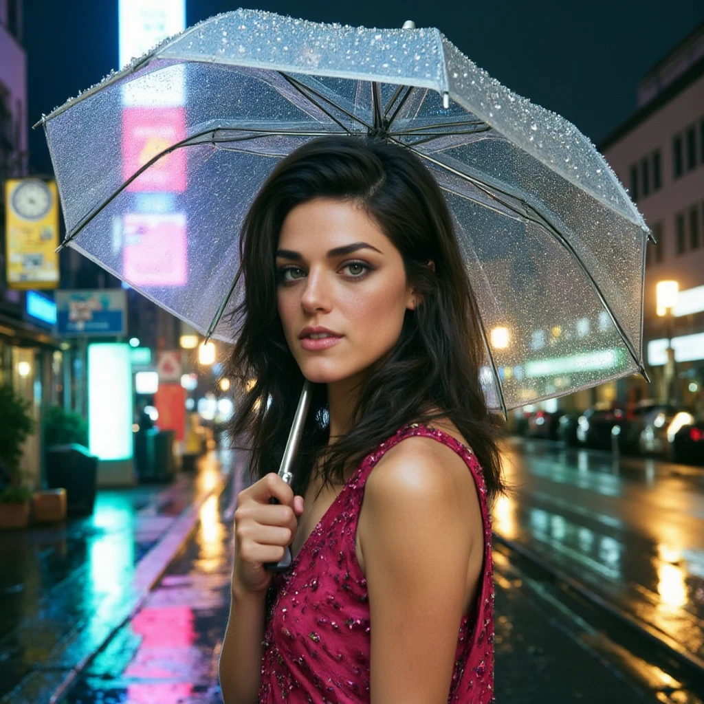 call1e, ultra realistic, ultra detailed textures, 8k, cinematic, cinematic lighting, film grain, analog photo shot with a 35mm, ethereal looking,  a candid moment of a beautiful woman under a transparent umbrella in a vibrant street during a downpour, looking at viewer, piercing blue eyes, slightly smiling,  contrasting with the shadows. With fast lens like an 85mm f/1.2 for a sharp subject against the blurred background of colorful lights reflecting off the wet pavement. Highlight the beads of water on the umbrella and her skin, emphasizing the contrast between her vibrant dress and the muted gray tones of the rain. Play with natural and artificial light sources to create a dramatic interplay of highlights and shadows. magnificent, celestial, ethereal, epic, majestic, magical, fantasy art, cover art, dreamy scene.