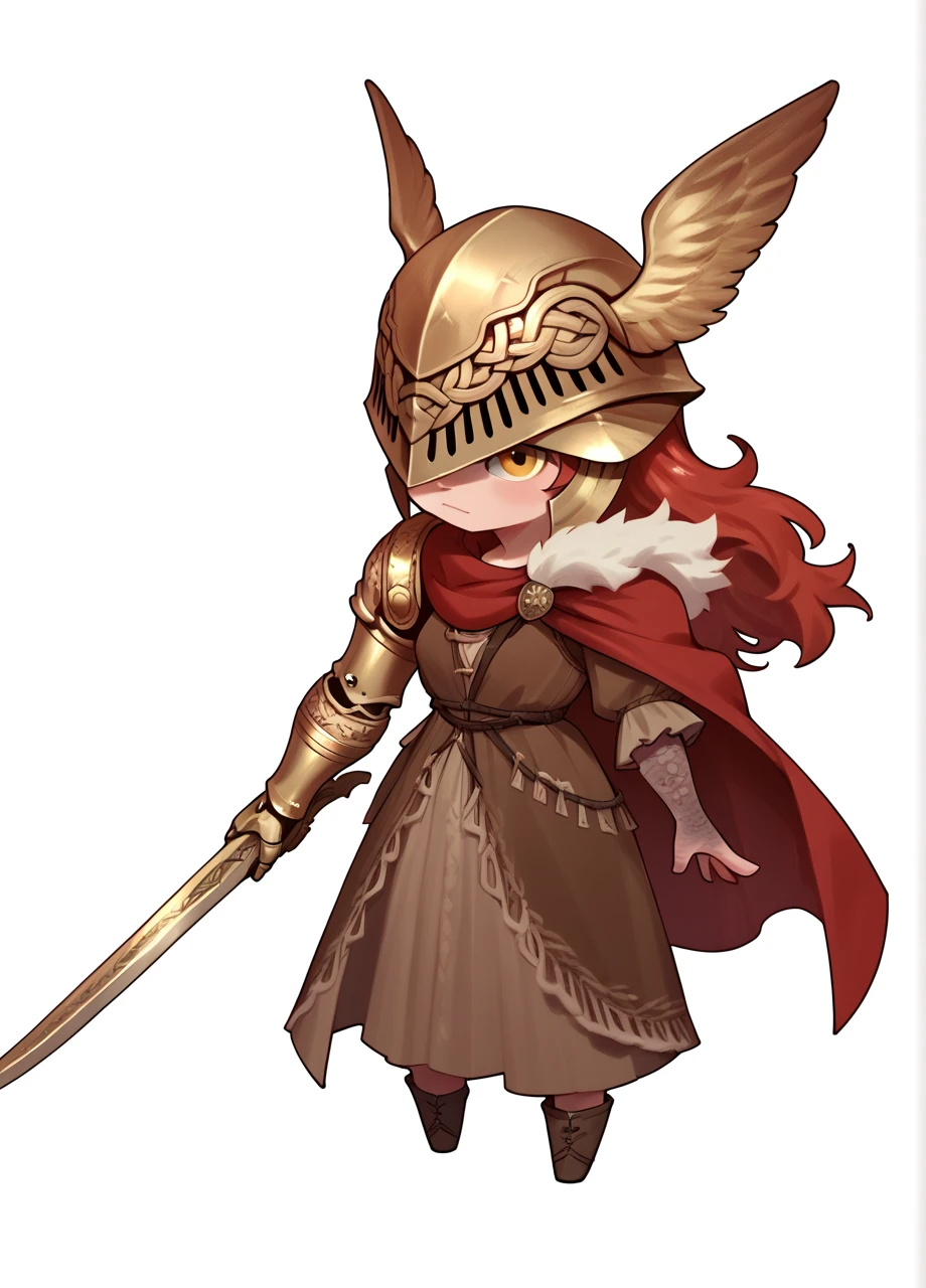 <lora:ER_Malenia-PONY:0.8> 1girl, solo, chibi, full body, holding sword, white background, ermalenia, red hair, winged helmet, brown dress, fur-trim, red cape, prosthetic arm, score_8_up, score_7_up, score_6_up, score_5_up, score_4_up,