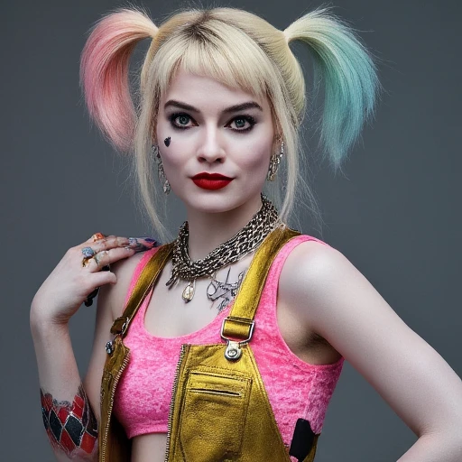 Harley Quinn. The image is a photograph of a woman with a punk aesthetic, blonde hair styled in a bob with bright pink and blue tips, Harley Quinn. The image is a high-resolution photograph featuring a woman with a striking appearance. She has a fair complexion, giving it a playful, Harley Quinn. The image is a photograph of a woman dressed as a character from a comic book or animated series, highly detailed photograph of a woman dressed in a striking costume