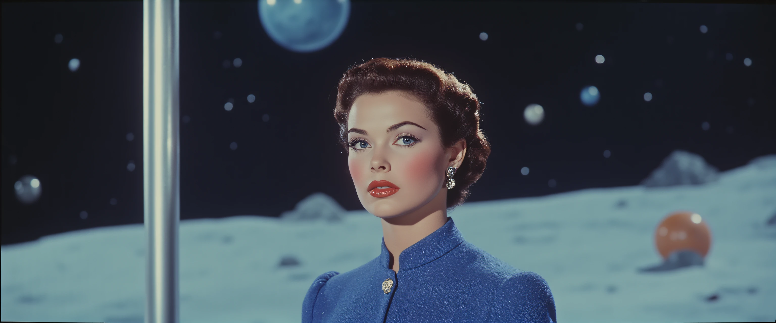 ArsMovieStill, Movie Still From Colored 1950s Super Panavision 70 Movie, The image shows a woman in a blue dress standing in front of a backdrop of planets and stars with a pole to her left., 1girl, solo, earrings, blue eyes, jewelry, brown hair, planet, upper body, snow, black hair