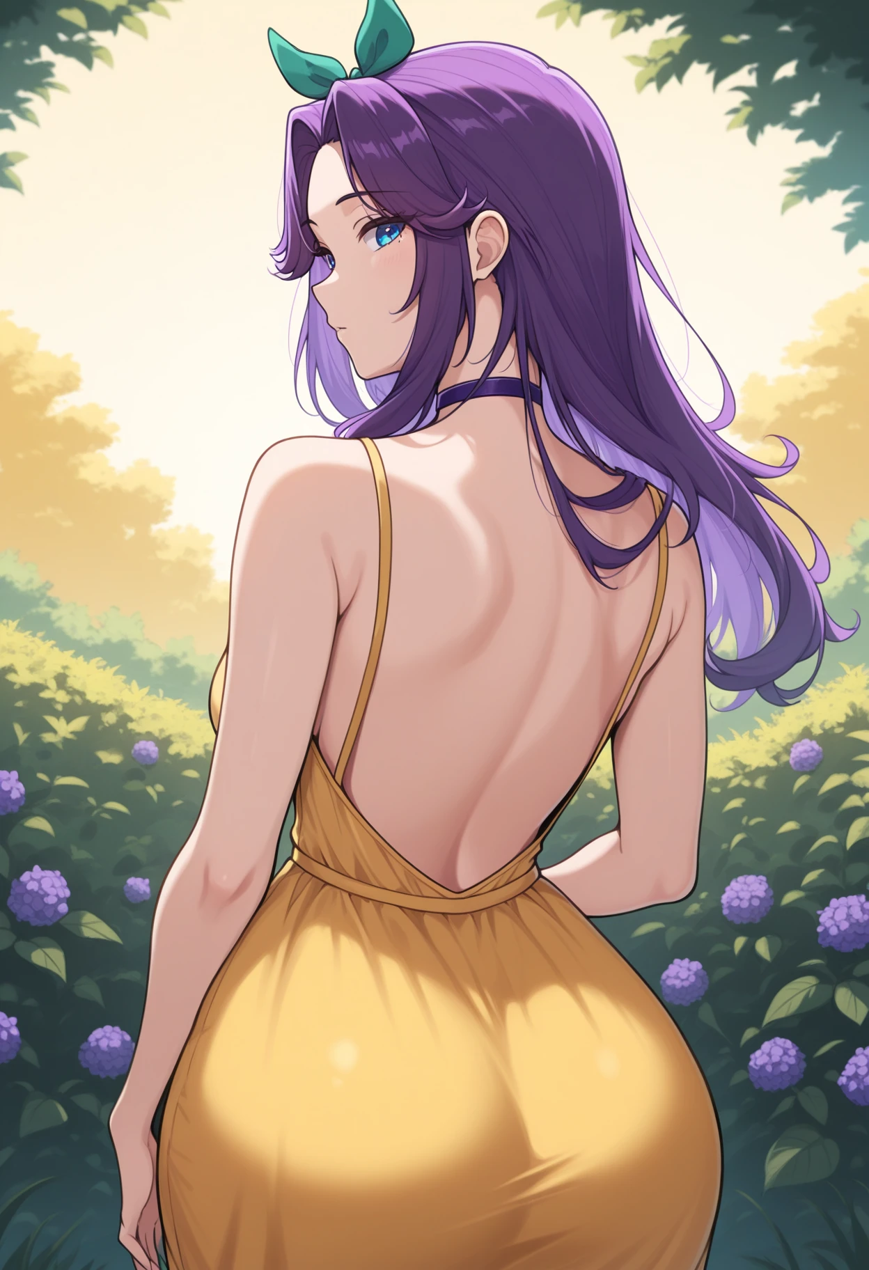 masterpiece, best quality, 1girl, solo, <lora:NSAbigailStardew:1> NSAbigailMisc, blue eyes, purple hair, long hair, parted bangs, hair bow, green bow, purple choker, yellow sundress, from behind, backless dress, garden, wide hips, looking at the viewer, yellow sky