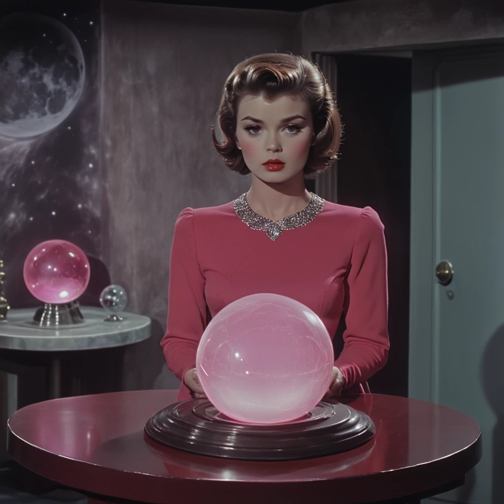 <lora:50sPanavisionMovieSDXL:1> ArsMovieStill, Movie Still From Colored 1950s Super Panavision 70 Movie, The image shows a woman in a red dress standing in front of a table with a pink crystal ball on it. In the background there is a wall with a door and various objects on the platform., 1girl, solo, brown hair, realistic, indoors, short hair, planet, red lips, long sleeves, moon