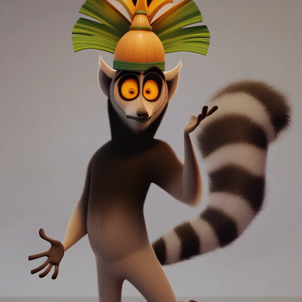 Male, Naked,King Julien, Lemur, laying on the floor, best quality, bamboo crown with leaves, beer can laying around, fainted