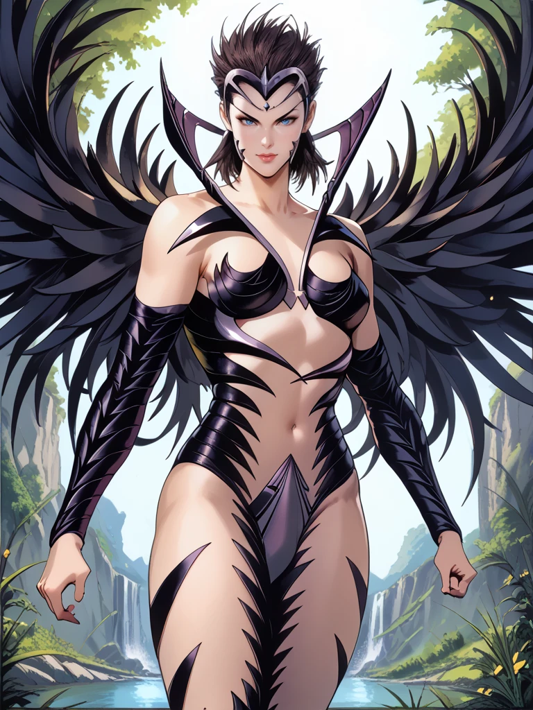 score_9,score_8_up,score_7_up,source_anime,high quality,masterpiece BREAK 1girl,perfect face,wjmj,armor,body spikes,spiked sleeves,wing collar,forehead protector,mask,spiked wings,navel,crotch plate,thigh spikes,looking at viewer,dynamic pose,outdoors,<lora:wjmj-Pony-v1:1>,