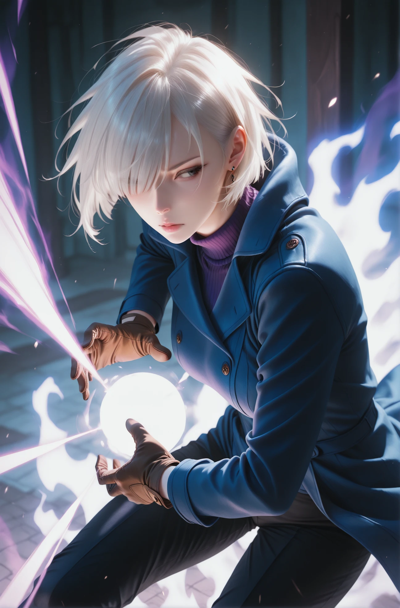 masterpiece, best quality,
 <lora:kamehameha [IL]:0.8> kamehameha, energy ball, aura 
<lora:spyxfamily_fionafrost_illustriousXL:0.8> fionadef, short hair, white hair, hair over one eye, grey eyes, blue coat, long sleeves, purple sweater, turtleneck sweater, brown gloves, black pants, earrings 
 <lora:realistic filter [IL]:0.8> realistic