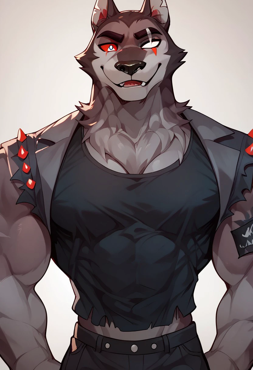 male focus, score_9, score_8_up, score_7_up, 
1boy, VorteXHelluvaV1.5, furry male, heterochromia,  red eye, white eye, muscular, muscular male, grey fur