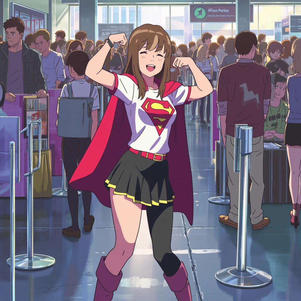 anime screencap in yn artstyle, a 21 year old woman at a crowded comic convention wearing a superhero costume with a shirt, cape, skirt, tights, and boots while flexing her biceps with a laugh.