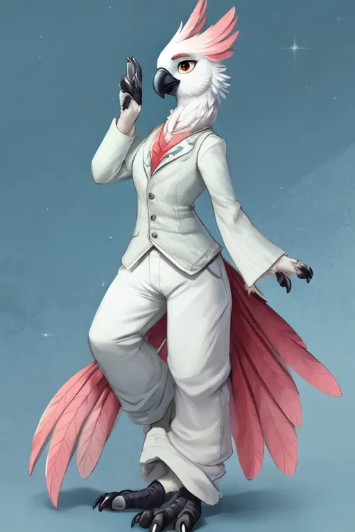 ((Adult))) ((Solo character))) ((Full body portrait))) (no humans,)) anthropomorphic, furry, animal character, digital art of a anime cockatoo bird, really cool silver background, beautiful red tail feathers wagging behind character, white dapper shirt with tie, best character, white baggy pants