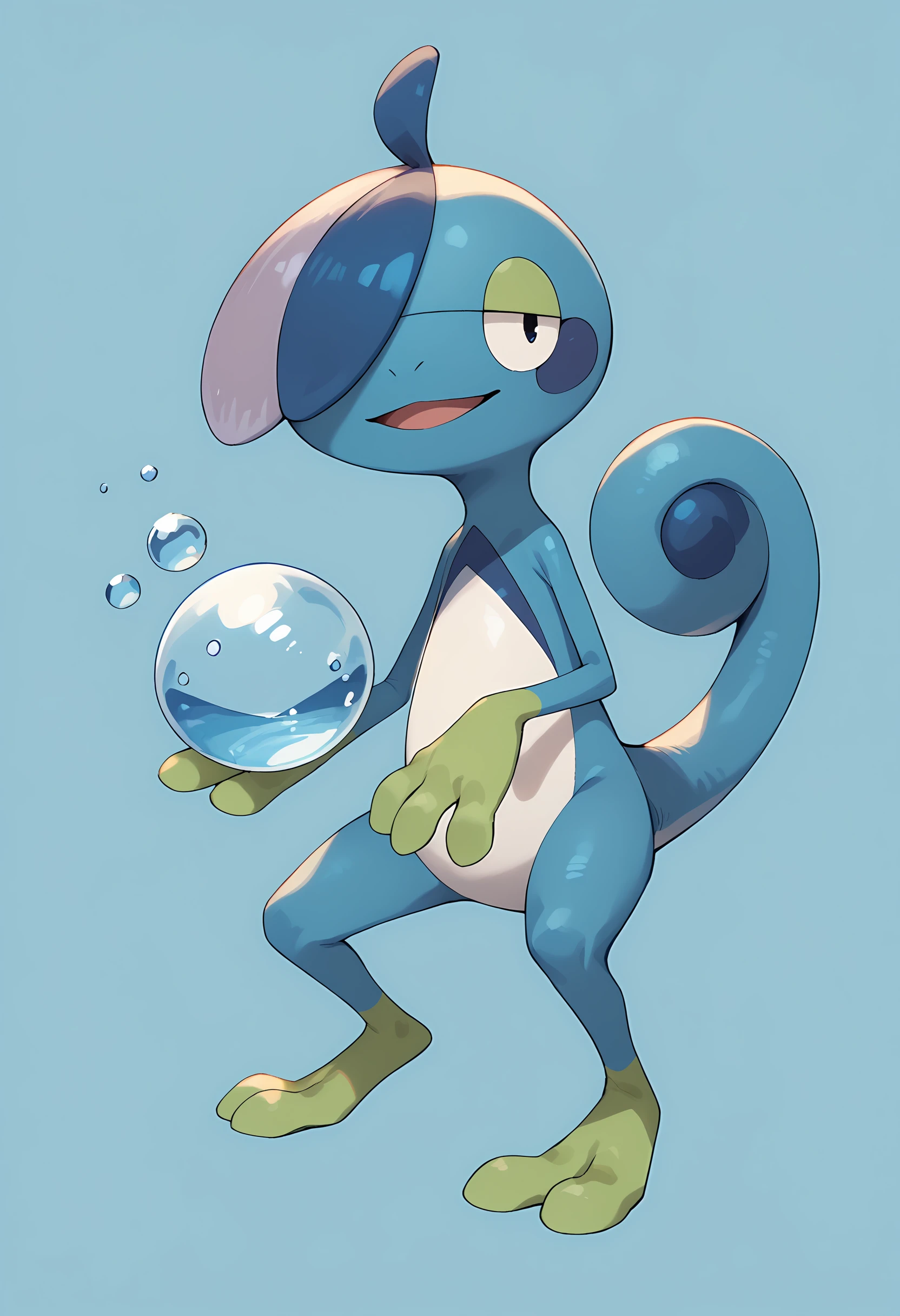 score_9, score_8_up, score_7_up, score_6_up, score_5_up, score_4_up, <lora:DrizzileF:0.95> ,drizzf, no humans, colored skin, blue skin, black eyes, hair over one eye, furry, tail, full body, open smile, from side, holding a water sphere,
light blue background, simple background,