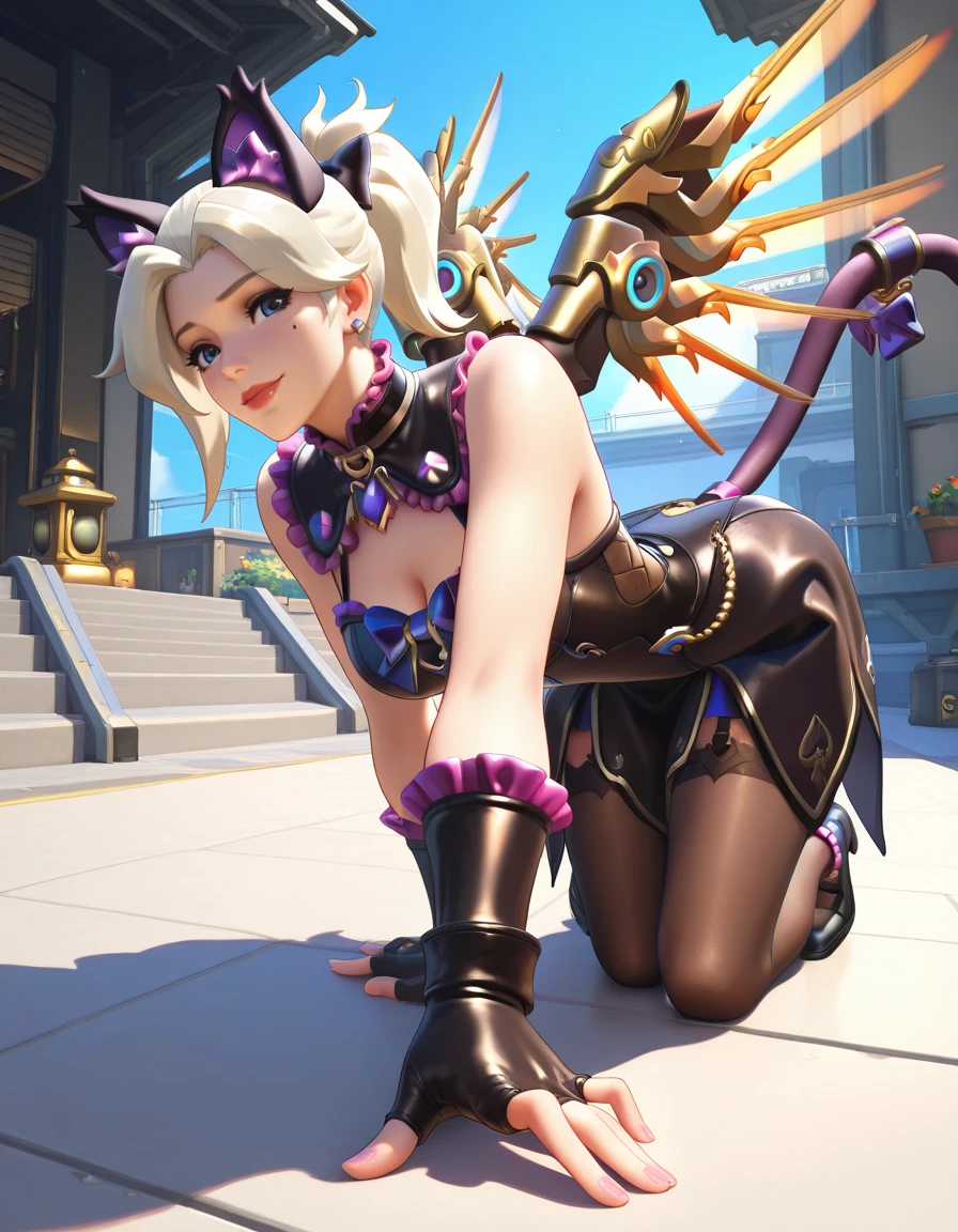 Masterpiece, high-res, 2k, best quality,   1 girl  , mercy (overwatch),  mercy kitty <lora:Mercy Kitty-000040:1> Reaching out with both hands