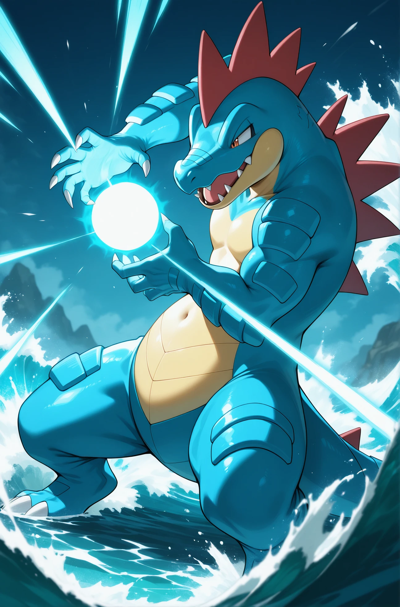 masterpiece, best quality,
 <lora:kamehameha [IL]:0.8> kamehameha, energy ball, aura, lizard, reptile, scale
feraligatr, pokemon_(creature), water, wave, tummy,