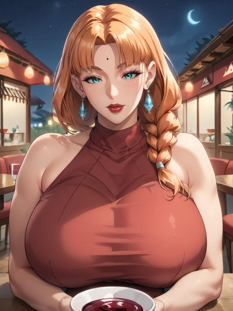 score_9, score_8_up, score_7_up, source_anime, mature female, milf,  <lora:Ayako_Kawai:0.7> ayak0, orange hair, long hair, sidelocks, aqua eyes, (mole on forehead), teal earrings, huge breasts, braid, looking at viewer, restaurant, night, outdoors, wine, red sleeveless dress, half-closed eyes, makeup, red lips, eyelashes, strapless dress