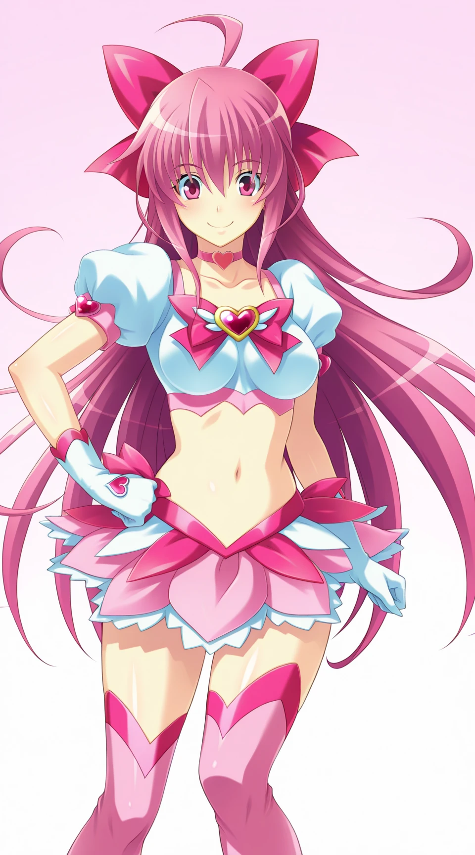 classroom <lora:fairy_sword_illusv1.0:0.9>fairy sword,1girl, solo , long hair, pink hair, thighhighs, gloves, skirt, midriff, choker, pink eyes, hand on hip, navel, smile, ahoge, magical girl, jewelry, pink skirt, cosplay, pink thighhighs, pink choker, simple background, bow, heart,  white gloves, brooch, hair bow, puffy sleeves,  crop top, breasts, very long hair, heart brooch, thigh high boots, hi-heel, surprised 
masterpiece, best quality, extremely delicate and beautiful, highres, original ,